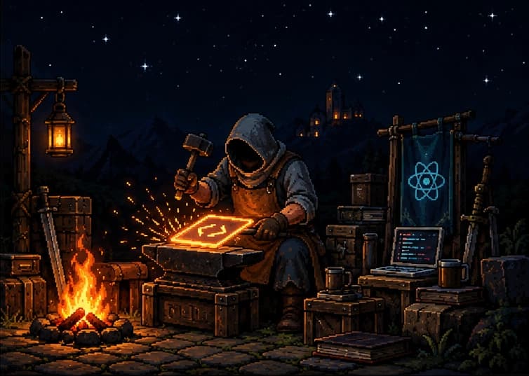 Ilustración pixel-art: un artesano encapuchado forja a martillazos una placa con el símbolo de código sobre un yunque, junto a un estandarte de React